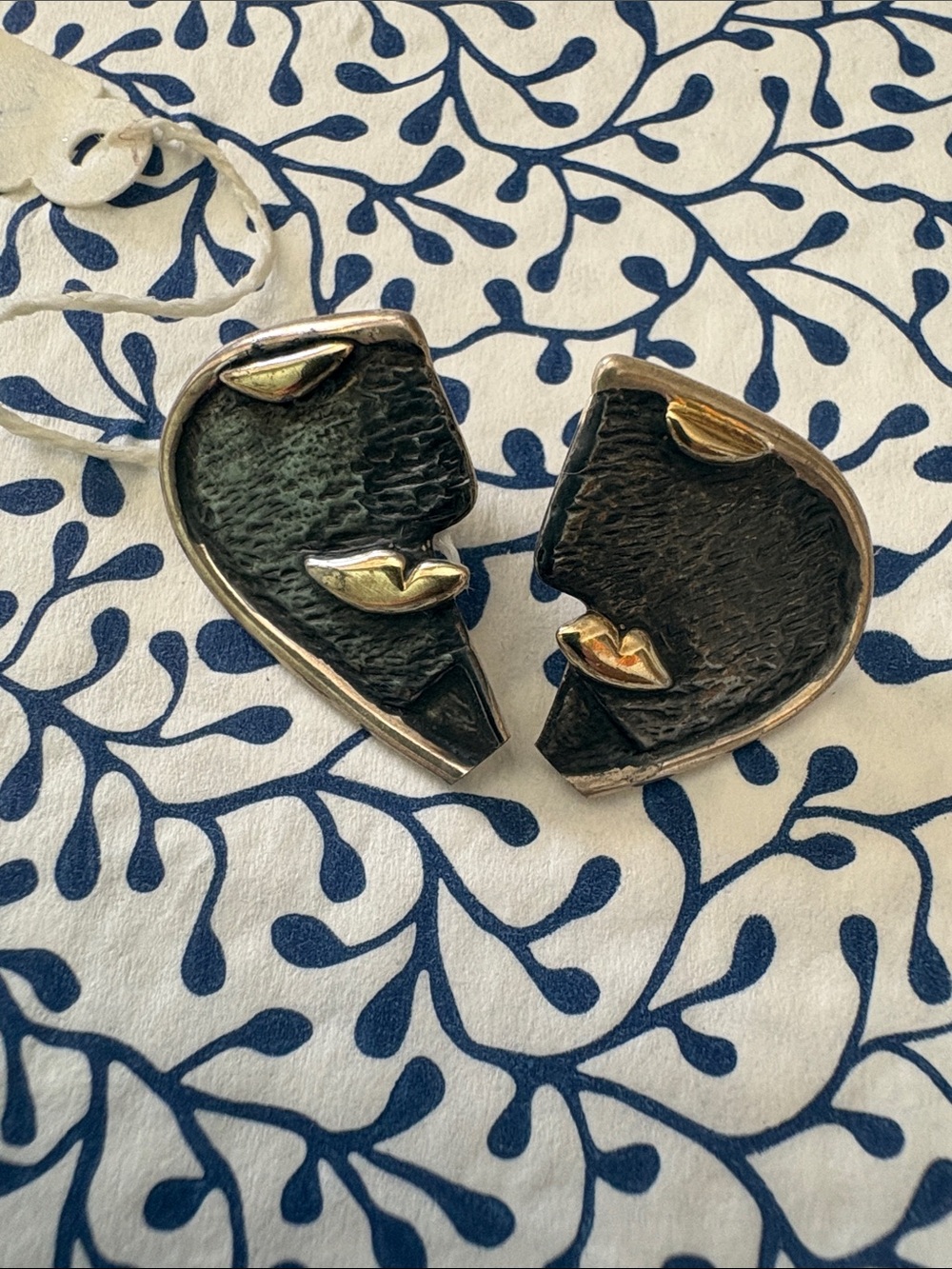Split Heart Face earrings- Black and Gold Accents